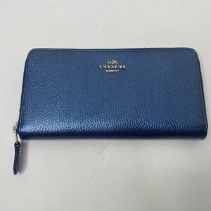Coach Metallic Navy Zip Wallet with Gold Logo